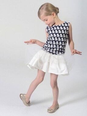 Charabia Girls Jacquard Cat & Tulle Dress, White/Navy, 5A